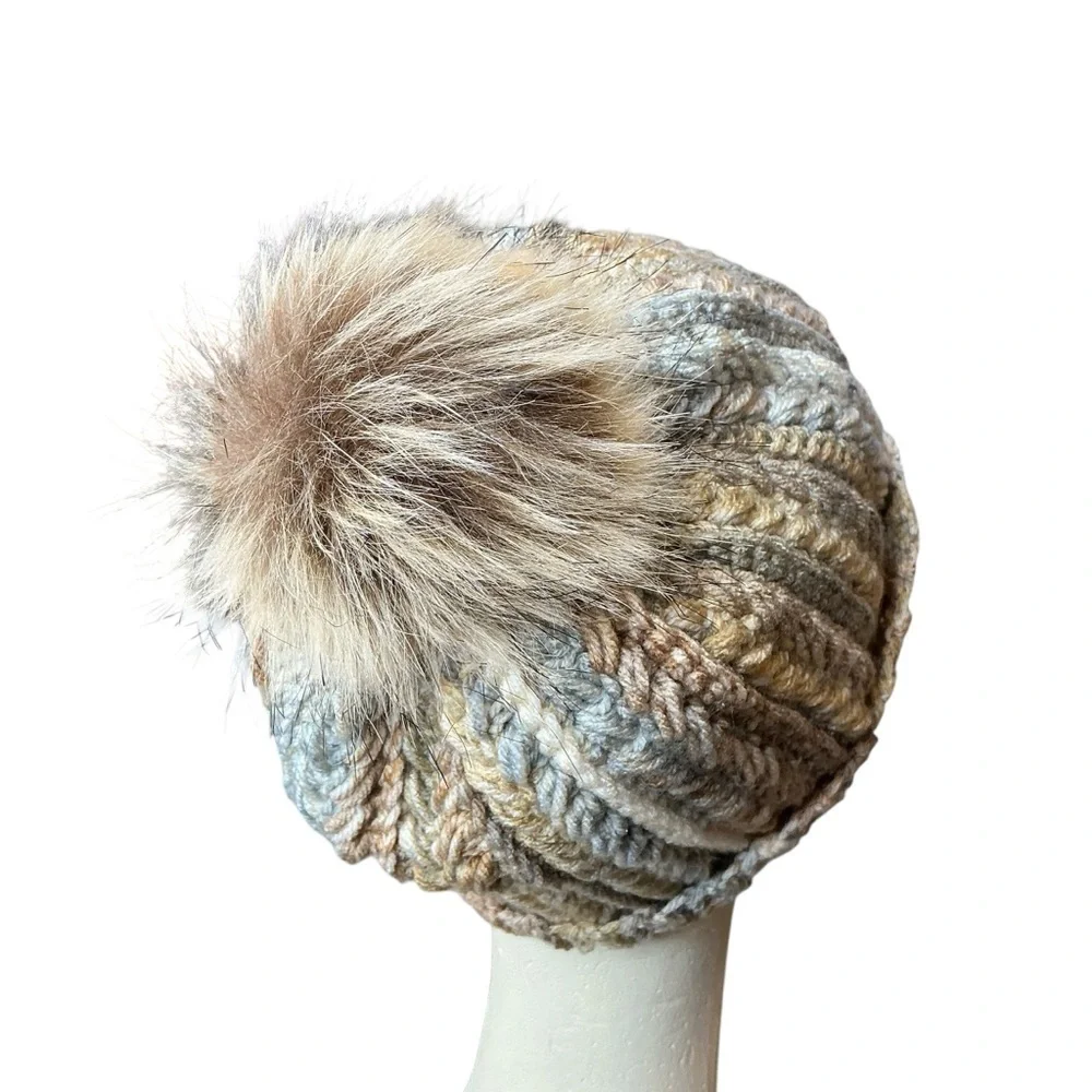 Handcrafted Crochet Multicolor Winter Hat Snowy Wheat Stitch Beanie with Pom Pom